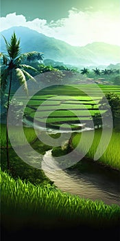 Tranquil Rice Paddies Exotic Beauty Mobile Wallpaper. Generative AI