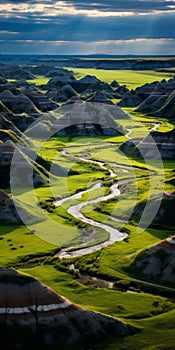 Tranquil River Flowing Through Vibrant Badlands: Aerial View Photography