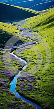 Tranquil River Flowing Through Vibrant Green Field With Purple Flowers