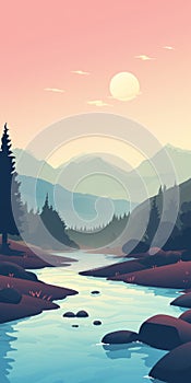 Tranquil River: Minimalistic Mobile Wallpaper With Canyons And Trees