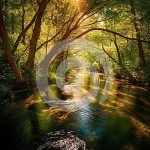 Tranquil River in a Sunlit Forest