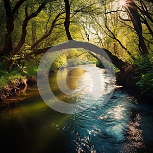 Tranquil River in a Sunlit Forest