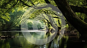 Tranquil river under canopy of trees in nature photo