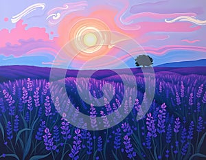 Tranquil rolling lavender fields at sunset