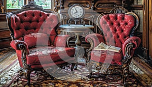 Tranquil room bathed in soft golden light with timeless clock and cherished book photo