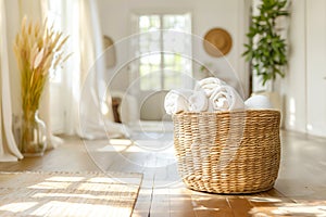 Tranquil room with wicker basket of neatly rolled white towels