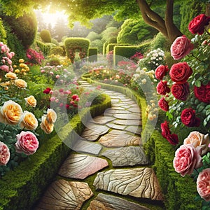 Tranquil Rose Garden Stroll: Stone Pathway Serenity