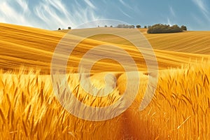 Tranquil rural landscape pattern unfolds in golden autumn wheat fields