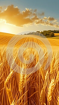 Tranquil rural landscape pattern unfolds in golden autumn wheat fields