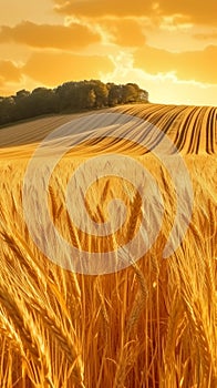 Tranquil rural landscape pattern unfolds in golden autumn wheat fields