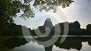 Tranquil scene above natural pond in the park during summer. Reflection on water surface.