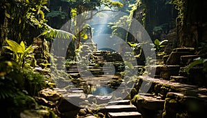 Tranquil scene of ancient ruins in tropical rainforest green beauty generated by AI