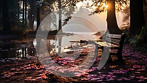 Tranquil scene autumn tree, leaf, bench, pond generated by AI