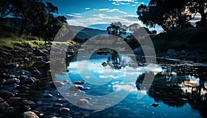 Tranquil scene blue reflection, sunset over mountain, green forest generated by AI