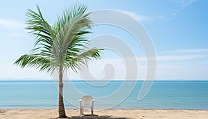 Tranquil scene blue water, palm tree, sandy beach, summer relaxation generated by AI