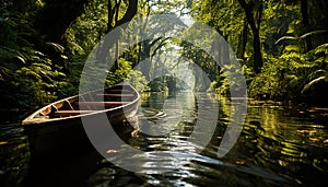 Tranquil scene canoe glides on peaceful pond, surrounded by nature generated by AI