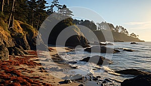 Tranquil scene coastline beauty, water reflection, sunset tranquil sky generated by AI