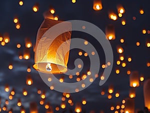 A tranquil scene of floating lanterns released by Buddhist devotees, casting a gentle glow against the night sky