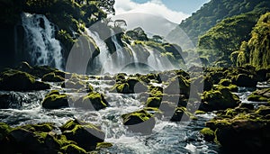 Tranquil scene flowing water, green forest, majestic mountains, peaceful sunset generated by AI