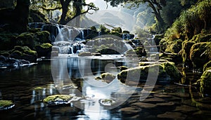 Tranquil scene flowing water, green trees, smooth rocks, natural beauty generated by AI