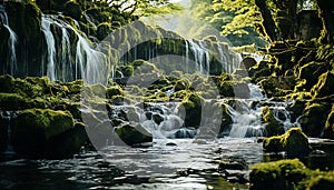 Tranquil scene flowing water, green trees, smooth rocks, reflecting beauty generated by AI