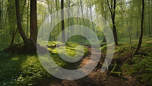 Tranquil scene of a forest footpath, surrounded by green trees generated by AI