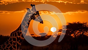 A tranquil scene Giraffe standing in silhouette, back lit by sunset generated by AI