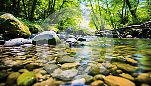 Tranquil scene of green forest with flowing water generated by AI