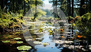 Tranquil scene of green forest reflects in pond generated by AI