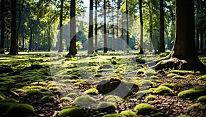 Tranquil scene of a green forest in summer generated by AI