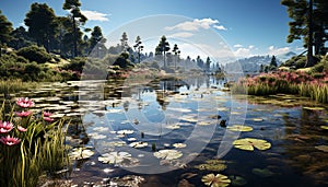 Tranquil scene green meadow, flower blossom, reflecting on pond generated by AI