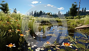 Tranquil scene of green meadow, flower, and pond generated by AI