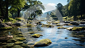 Tranquil scene green meadow, flowing water, mountain peak, peaceful sunset generated by AI