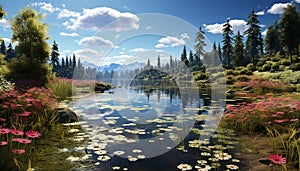 Tranquil scene green meadow, mountain peak, reflecting in pond generated by AI