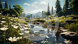 Tranquil scene green meadow, mountain peak, reflecting in pond generated by AI