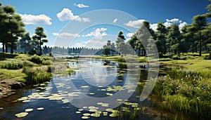Tranquil scene of green meadow, reflecting blue pond generated by AI