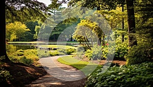 Tranquil scene green meadow, tree, and pond showcase nature beauty generated by AI