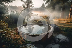 A tranquil scene of a hot tub: The image show a hot tub set in a peaceful lake, with steam rising from the water. Soft, warm color