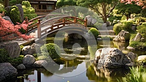 A tranquil scene of a Japanese garden featuring a picturesque bridge spanning over a serene pond, A tranquil Japanese garden with