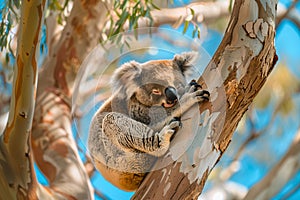 Tranquil scene of a koala peacefully asleep in the fork of a eucalyptus tree