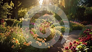 Tranquil scene of a landscaped formal garden in summer sunset generated by AI