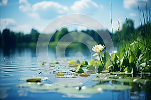 Tranquil scene of lilies and reeds reflecting on the calm, smooth surface of the lake