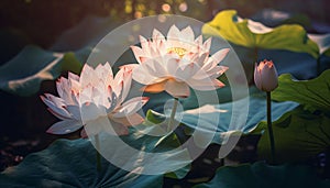 Tranquil scene, lotus flower blossoms in formal garden generated by AI
