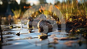 Tranquil scene Mallard duck family enjoying the beauty of nature generated by AI