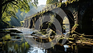 Tranquil scene man made bridge reflects ancient forest beauty generated by AI