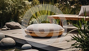 Tranquil scene of modern patio with circle swimming pool design generated by AI