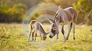 Tranquil scene of a mother donkey peacefully grazing in a field with her playful foal photo