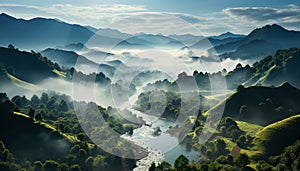 Tranquil scene mountain peak, fog, forest, meadow, sunset, reflection generated by AI