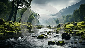 Tranquil scene mountain peak reflects in flowing water generated by AI