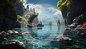 Tranquil scene mountain peak reflects in tranquil pond generated by AI